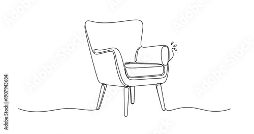 Minimalist line art of a modern armchair with clean, simple design. None editable stroke