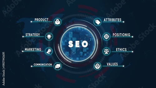 S E O Strategy Concept with Keywords and on Dark Background search engine optimization marketing