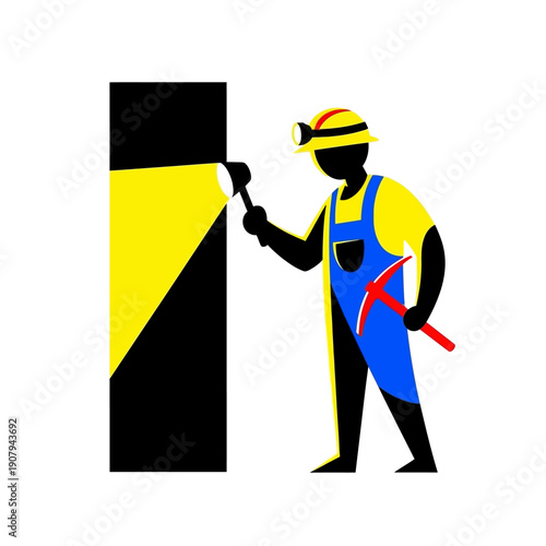 Miner silhouette with pickaxe and flashlight beam