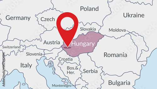 Hungary on the Europe map with pin location marker. Vector flat template.