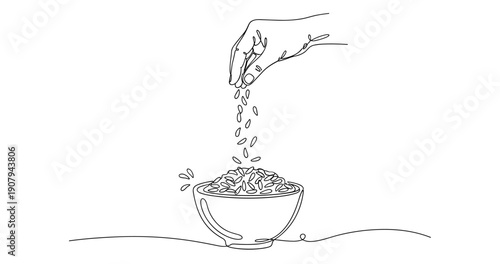 Minimalist hand pouring rice into bowl line art illustration. None editable stroke