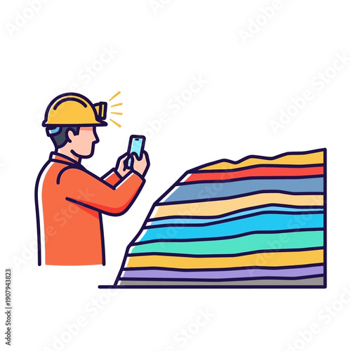 Mining engineer documenting rock strata with smartphone camera