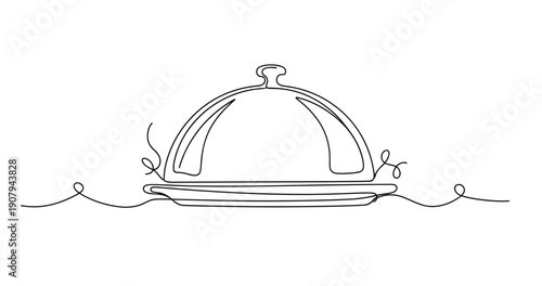 Elegant continuous line art of a silver cloche on a serving plate. None editable stroke