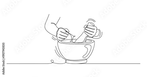 Continuous line art of hands using mortar and pestle in culinary preparation. None editable stroke