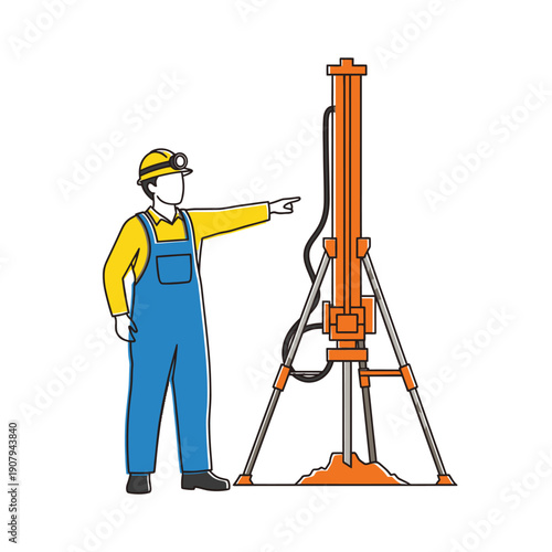 Mining engineer directing operations near a vertical drilling rig machine