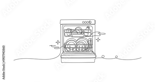 Continuous line drawing of an open dishwasher with clean dishes and steam. None editable stroke