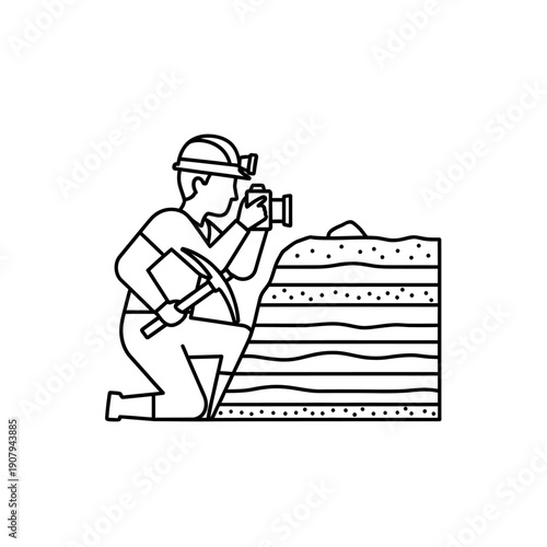 Mining geologist photographing rock strata layers for survey documentation