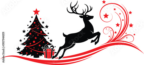 Christmas tree decorated with red ornaments and star on top with present and jumping reindeer with swirling red lines and stars