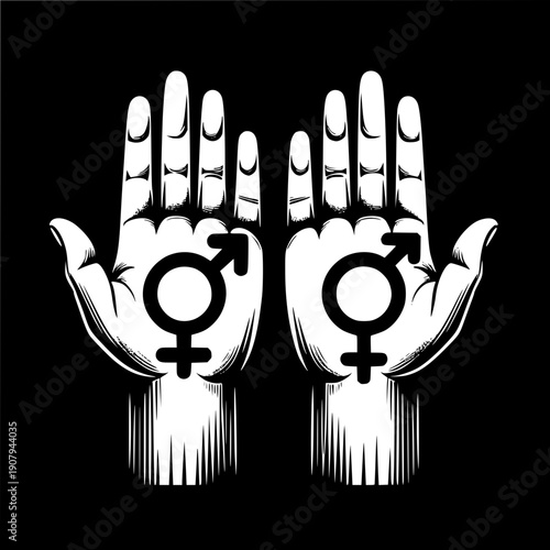 Equality and Harmony: A striking visual of open hands, each bearing gender symbols, symbolizing the values of equality, acceptance, and gender harmony within a cohesive community.