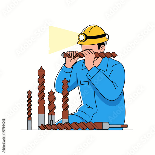 Mining technician inspecting industrial drill bits with a headlamp