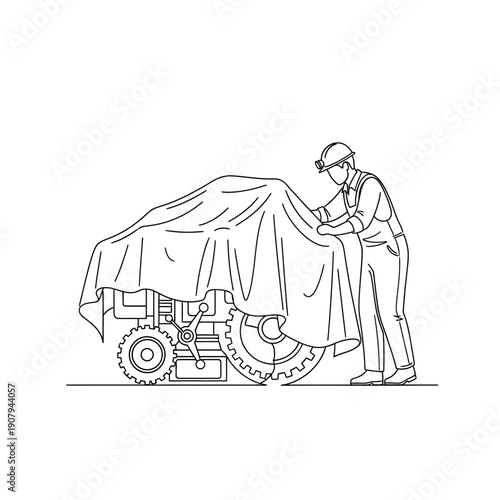 Mining technician covering industrial machinery with tarp line drawing
