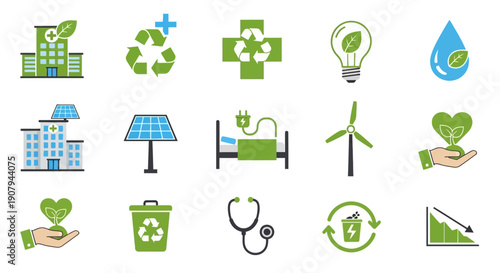 Collection of green healthcare and eco friendly symbols.