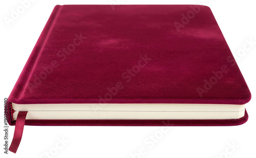 Red velvet fabric covered notebook with matching bookmark on a transparent background