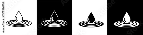 Stylized water drop falling into liquid with expanding ripples, simple graphic icon illustration on dark background