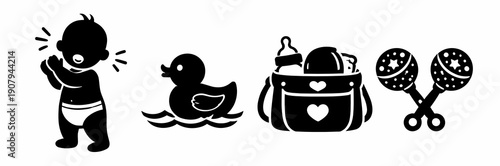 Black baby care icons with crying toddler, rubber duck, diaper bag and rattles on white background. Minimal childcare symbols for parenting, apps, baby shower and nursery.
