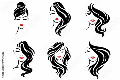 Stylish women hairstyle icons with flowing black hair and red lips, minimalist portrait set. Perfect for hairstylist logo, cosmetics ads, fashion editorial, beauty studio and spa design.