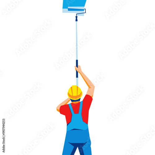 Painter using long extension pole with roller to paint ceiling