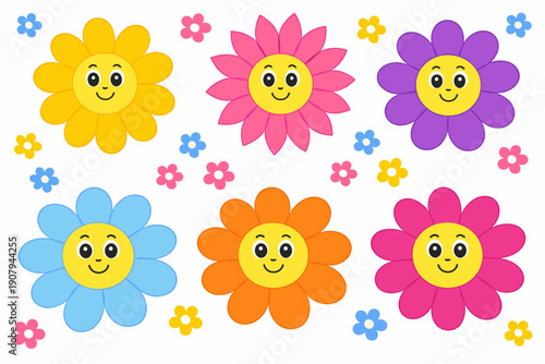 Set of six cheerful flower icons with smiling faces, mixed petal shapes and vivid colors: yellow, pink, violet, blue, orange and magenta. Playful spring clipart with small blossoms for kids.