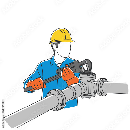 Plumber using heavy duty pipe wrench on industrial valves
