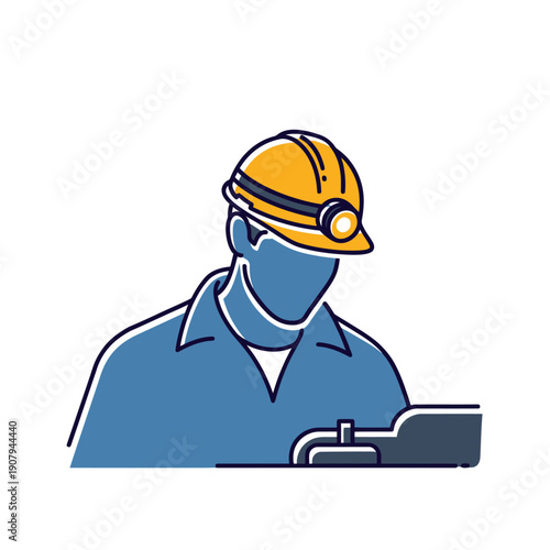 Portrait of underground miner wearing safety helmet with lit headlamp