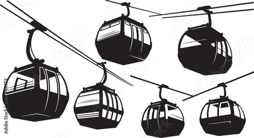 Black and white illustration of cable cars on wires
