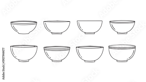 Set of Eight Diverse Bowl Outline Illustrations on White Background