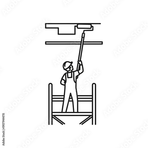 Professional decorator painting ceiling from scaffold line drawing