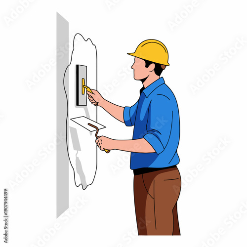 Professional drywall finisher smoothing out plaster on a vertical surface