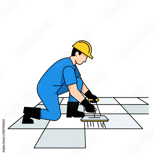 Professional tiler installing ceramic floor tiles on site