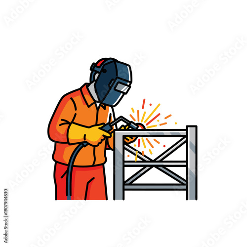 Professional welder in protective gear joining metal components with sparks flying