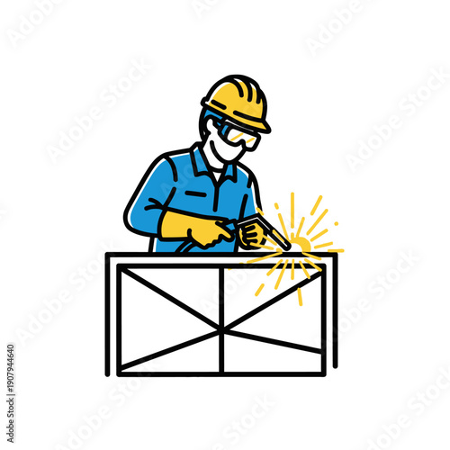 Professional welder joining metal frame components with welding torch