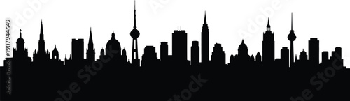 City skyline with many buildings and towers on white background  urban landscape
