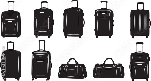 Collection of various black suitcases and travel bags illustration