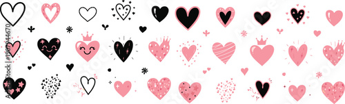 Cute decorative heart icon collection with romantic Valentine doodle style vector illustration set
