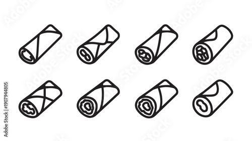Spring Rolls Icons Set: Variety of Filled Wraps, Asian Food Line Art