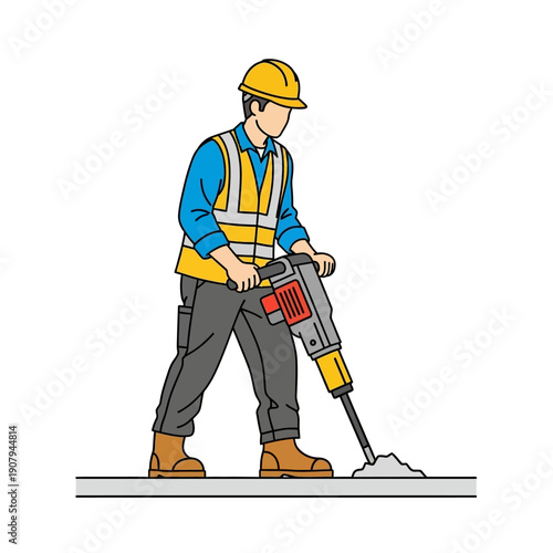 Road worker using a pneumatic jackhammer on pavement