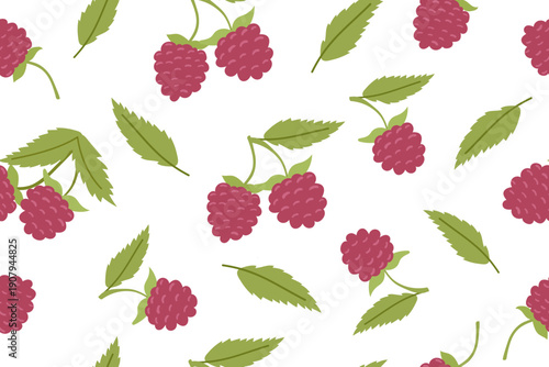 Raspberry seamless pattern. Berries isolated on white background. Vector flat template.