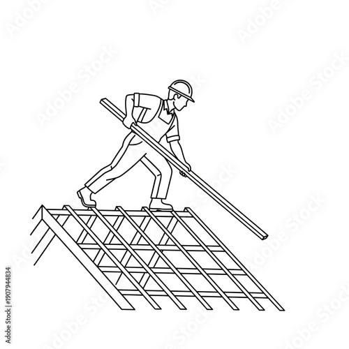 Roofer installing timber beam on house frame