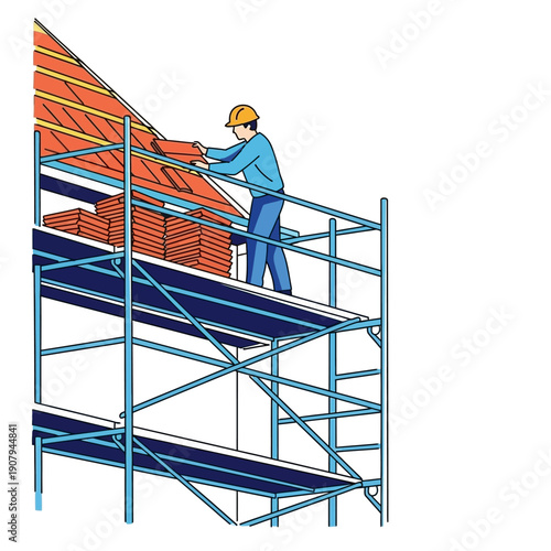 Roofer installing clay tiles on house roof using scaffolding