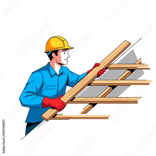 Roofer installing wooden rafters for house construction illustration