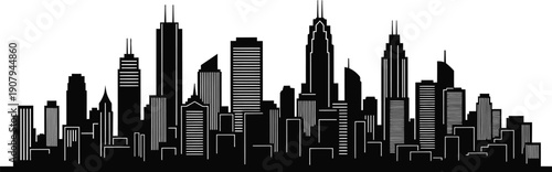 City skyline with many skyscrapers and high rise buildings in various architectural styles  urban landscape