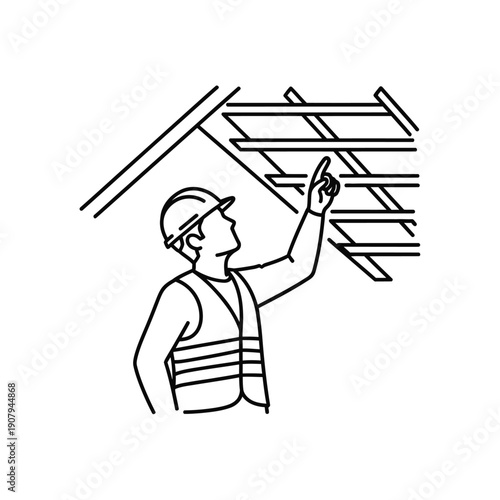 Roofing contractor inspecting timber frame rafters on house project