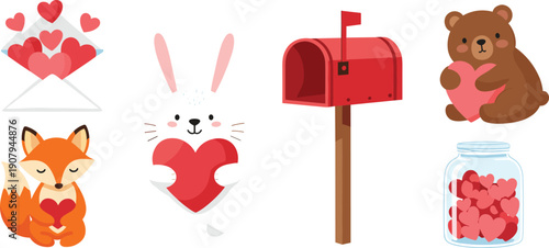 Cute Valentine love icon collection with animals hearts and mailbox cartoon vector illustration set