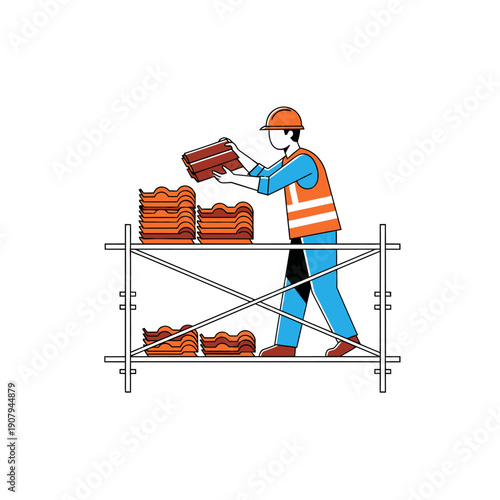 Roofing contractor stacking tiles on a scaffolding platform