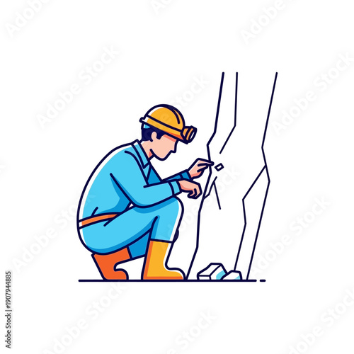 Safety inspector checking cracks in cave wall during mining