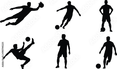 soccer player silhouettes,football action poses,goalkeeper dive illustration,athlete kicking ball,sports movement figures,footballer silhouette set,dynamic game actions