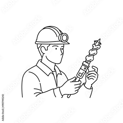 Specialist inspecting large industrial auger drill bit line drawing