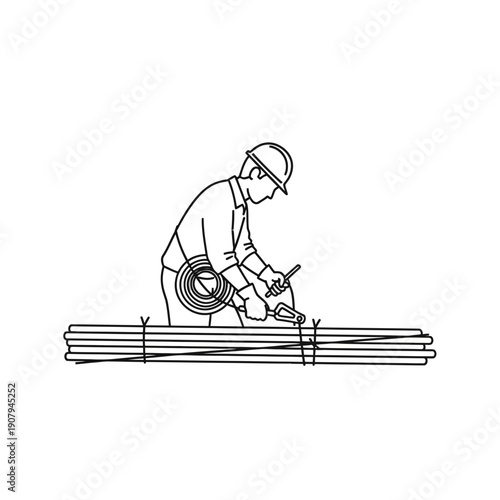 Steel fixer securing metal rebar rods for concrete reinforcement line art