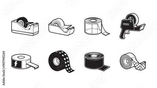 Various Tape Dispensers and Rolls Icons Set
