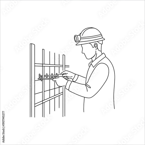 Steel fixer tying metal rebar mesh with wire tool line art